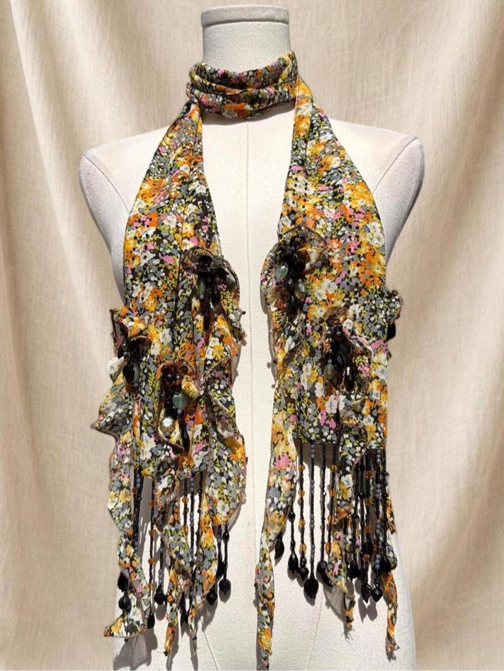 Mary Frances floral scarf with ruffles and beads